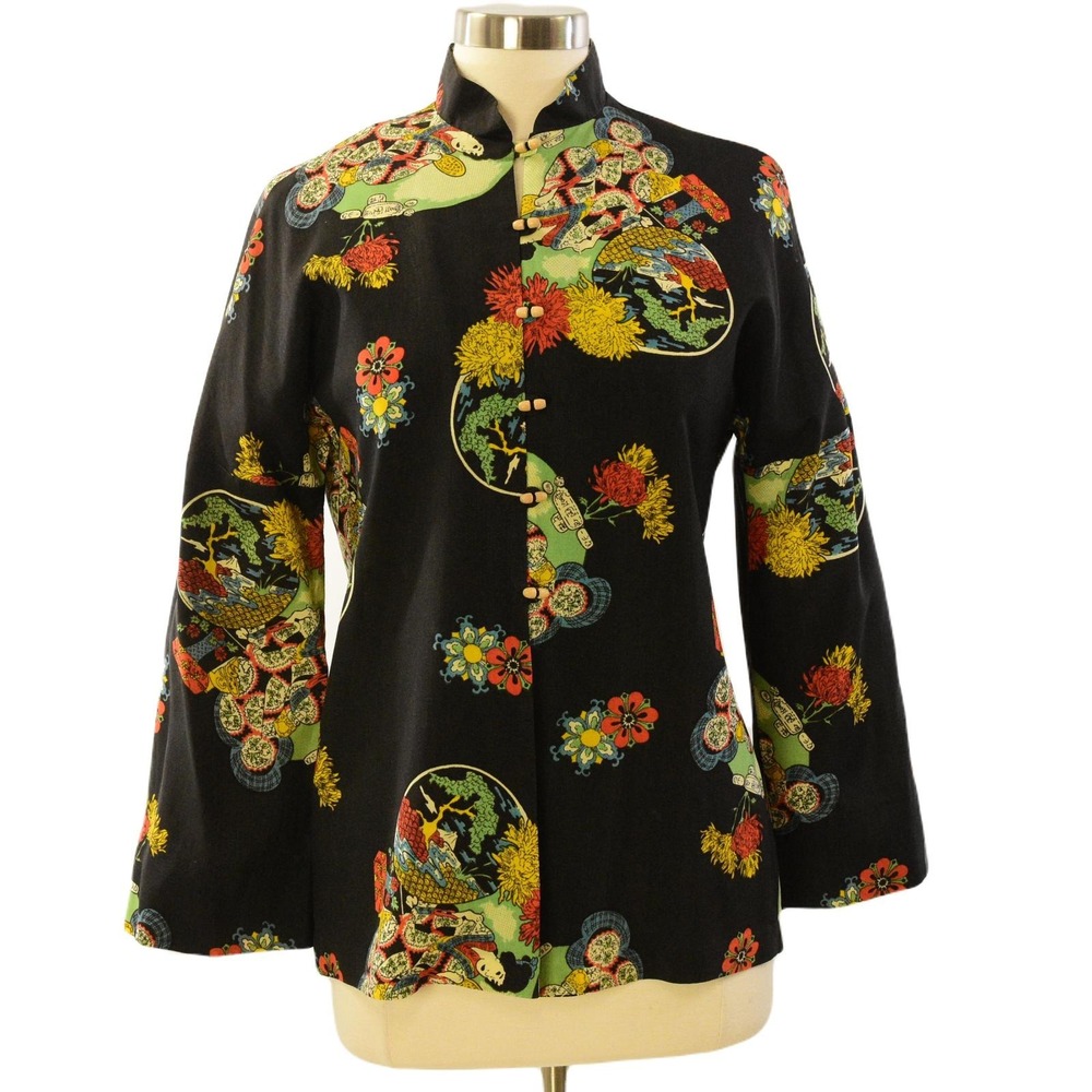 70s Vintage Silk Mandarin Collar Blouse Womens M L Asian Graphic Tunic Jacket